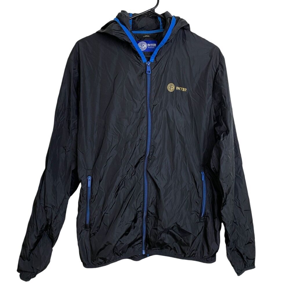 Inter Milan Windbreaker Jacket Mens Large Black Full Zip Outdoors Packable Blue